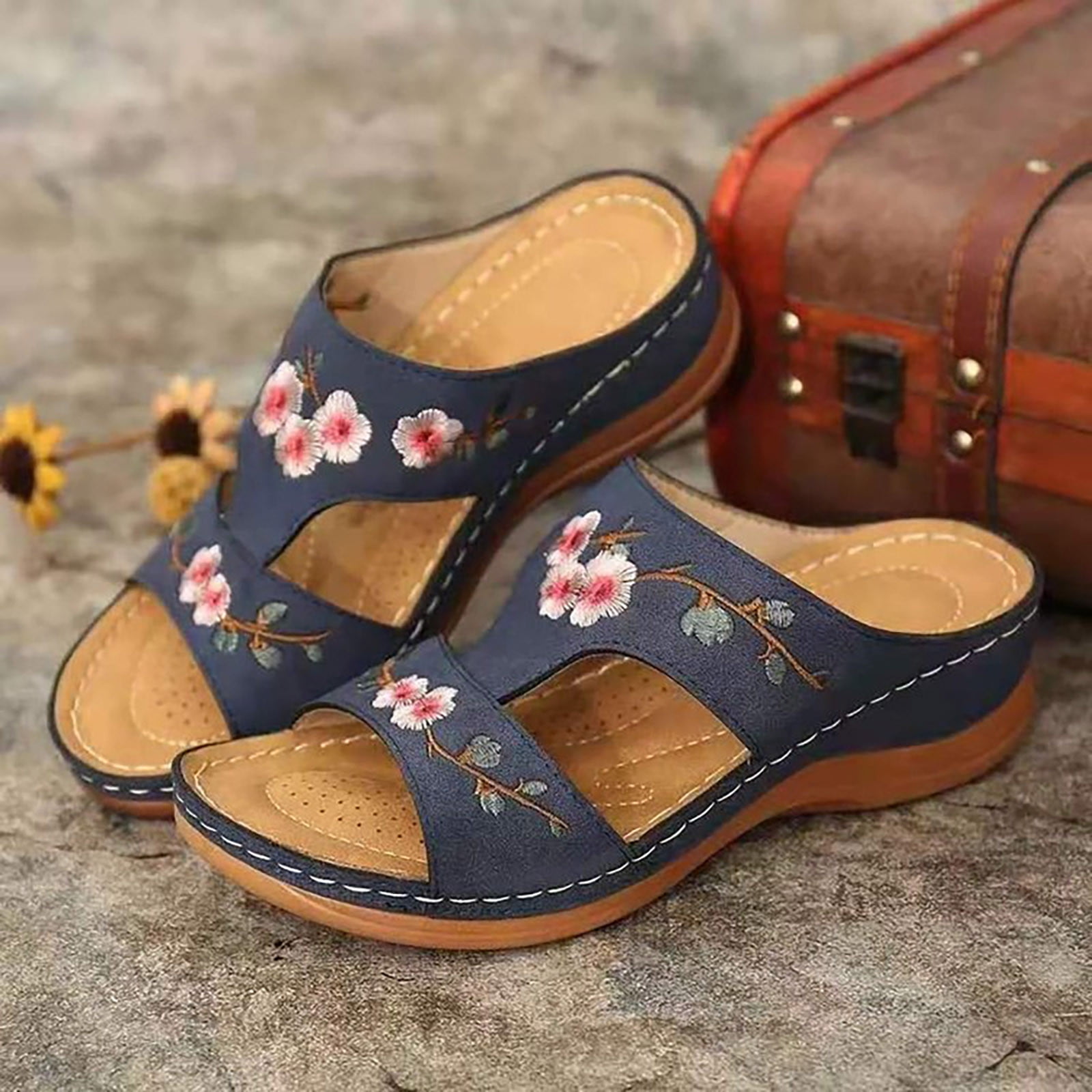 LoyisVidion Embroidered Platform Slides - 2025 Summer New Women's Shoes Hollow Flower Embroidery Wedge Women's Slippers Memory Foam Indoor Slide Slippers