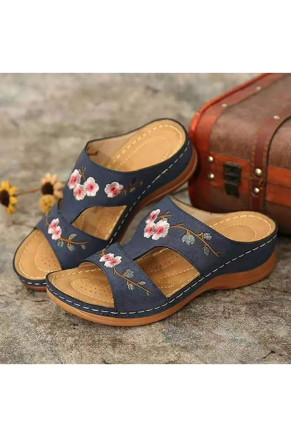 Embroidered Platform Slides - 2025 Summer New Women's Shoes Hollow Flower Embroidery Wedge Women's Slippers Memory Foam Indoor Slide Slippers