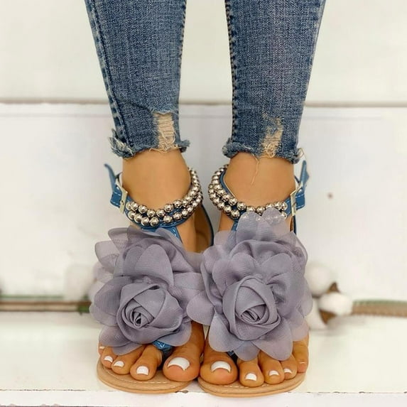 UTTOASFAY Womens Sandals Summer Women Flat String Bead Sandals Bohemian Style Flower Buckle Strap Shoes Blue 8.5(40)