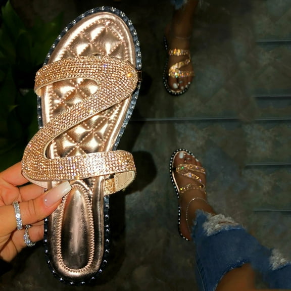 UTTOASFAY Womens Sandals Summer Women Rhinestone Slip-On Open Toe Flat Breathable Sandals Beach Shoes Gold 9(40)