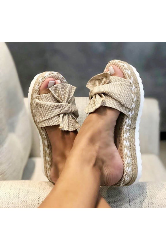 UTTOASFAY Womens Sandals Women Bowknot Beach Summer Slippers Platform Slope Heels Plus Size Shoes Khaki 8.5(40)