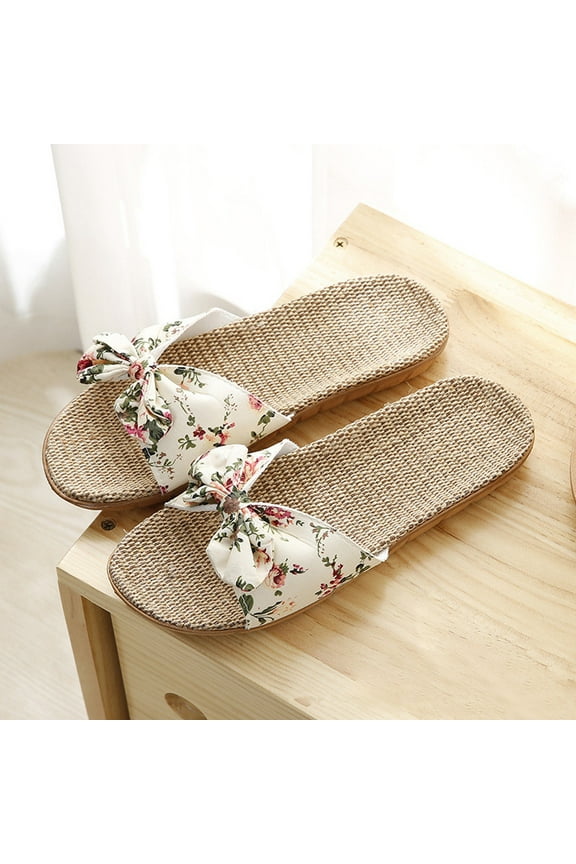 Womens Sandals Clearance Women Female Bohemia Bowknot Flax Linen Flip Flops Beach Shoes Sandals Slipper Beige 6.5-7.5(37-38)