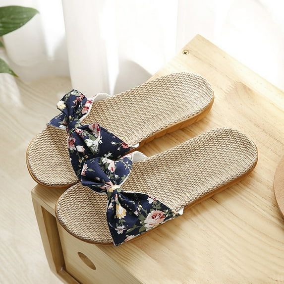 LoyisViDion Womens Sandals Clearance Women Female Bohemia Bowknot Flax Linen Flip Flops Beach Shoes Sandals Slipper Navy 8.5-9(39-40)