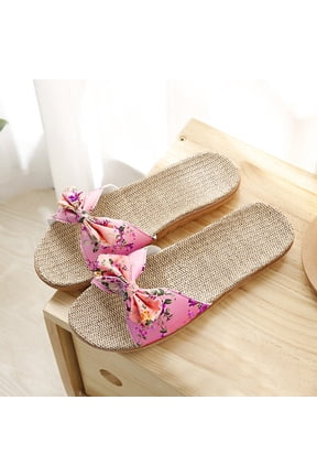 Womens Sandals Clearance Women Female Bowknot Flax Linen Flip Flops Beach Shoes Sandals Slipper Pink 8.5-9(39-40)