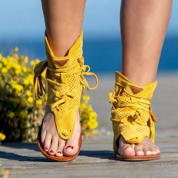 LoyisViDion Womens Sandals Clearance Women Girls Retro Bohemian Tassel Sandals Roman Beach Shoes Boots Rollback Yellow 7.5