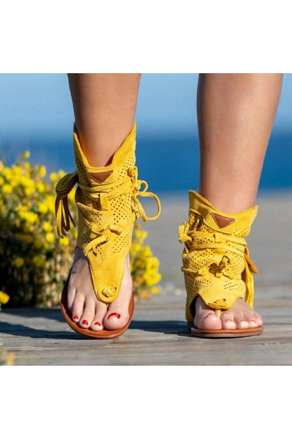 Womens Sandals Clearance Women Girls Retro Bohemian Tassel Sandals Roman Beach Shoes Boots Yellow 7(37)