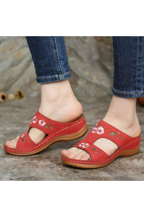 Womens Sandals Clearance Women'S Fashion All-Match Wedge Heel Flower Shoes Hollow Casual Sandals Red 9(41)