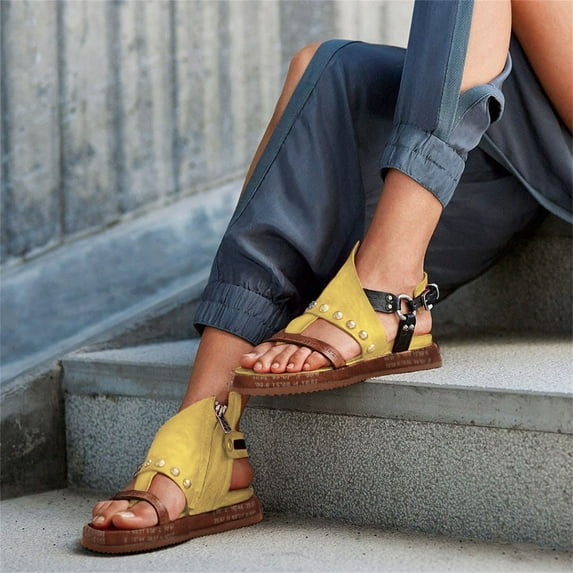 UTTOASFAY Womens Sandals Women'S Fashion Flip Flops Wedges Sandals Artificial Leather Platform Shoes Yellow 6.5-7(37)
