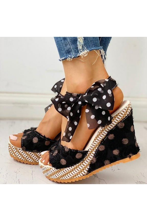 UTTOASFAY Womens Sandals Women'S Ladies Platform Wedges Heel Sandals Fashion Dot Lace-Up Shoes Footwear Black 8.5(40)