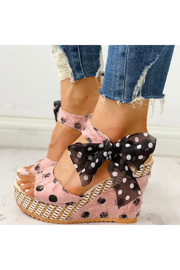 UTTOASFAY Womens Sandals Women's Ladies Platform Wedges Heel Sandals Fashion Dot Lace-Up Shoes Footwear Pink 6(36)