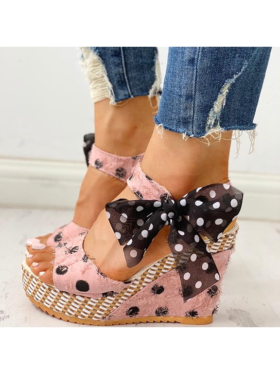 UTTOASFAY Womens Sandals Women's Ladies Platform Wedges Heel Sandals Fashion Dot Lace-Up Shoes Footwear Pink 7(37)