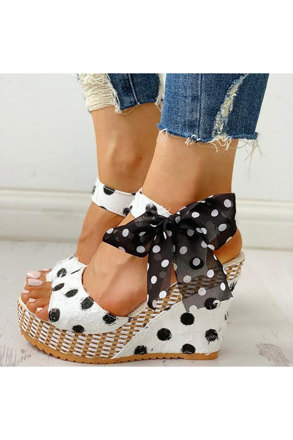 Womens Sandals Clearance Women'S Ladies Platform Wedges Heel Sandals Fashion Dot Lace-Up Shoes Footwear White 8.5(40)