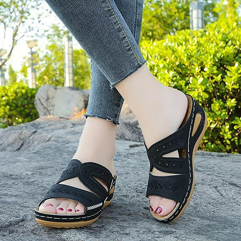 LoyisViDion Womens Sandals Clearance Women S Multi Color Embroidered Sandals with Wedge Fish Mouth Platform Shoes Black 9 42