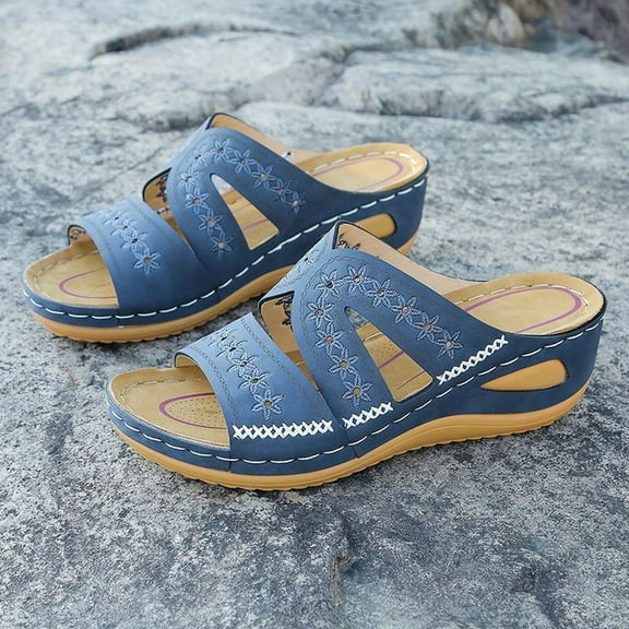 LoyisViDion Womens Sandals Clearance Women'S Multi-Color Embroidered Sandals with Wedge Fish Mouth Platform Shoes Blue 5.5(36)