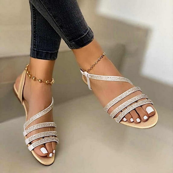 UTTOASFAY Womens Sandals Women's Summer Rhinestone Buckle Strap Beach Open Toe Breathable Sandals Shoes Gold 9(41)