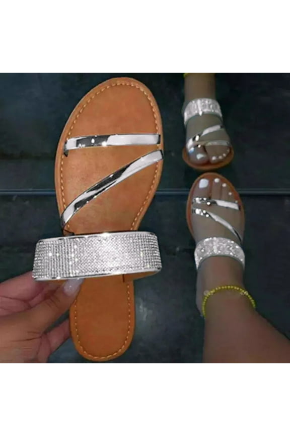 UTTOASFAY Womens Sandals Women'S Summer Rhinestone Slip-On Beach Open Toe Breathable Sandals Shoes Silver 9(41)