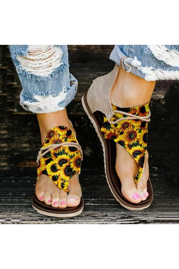 UTTOASFAY Womens Sandals Women Summer Clip-Toe Sunflower Shoes Zipper Comfy Flats Casual Beach Sandals Yellow 6.5(38)