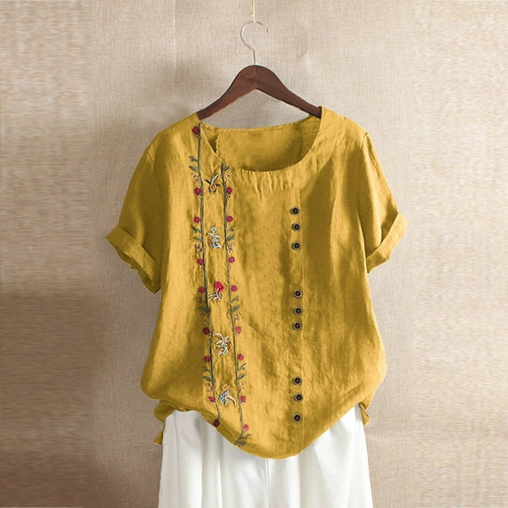 UTTOASFAY Womens Shirts Women Lavender Flowers Printed Cotton and Linen Loose Casual Shirts Yellow 12(XXL)