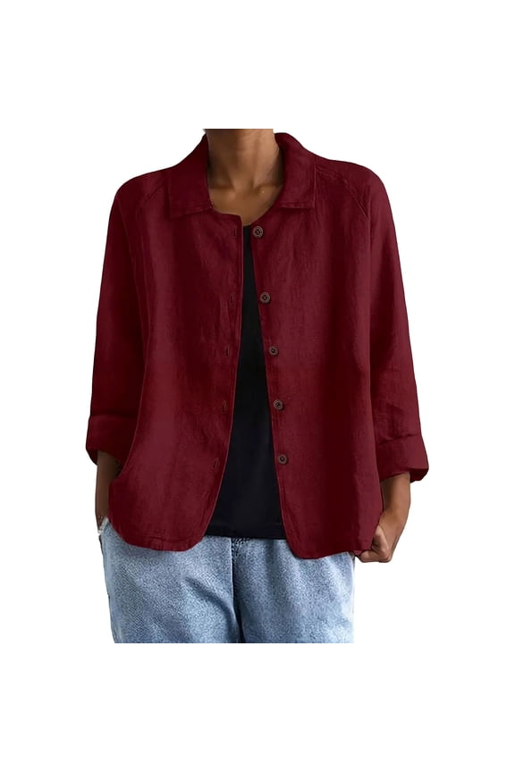 Women's Loose-Fit Cardigan Minimalist Cotton Linen Single-Breasted Long-Sleeve Collared Shirt Outerwear