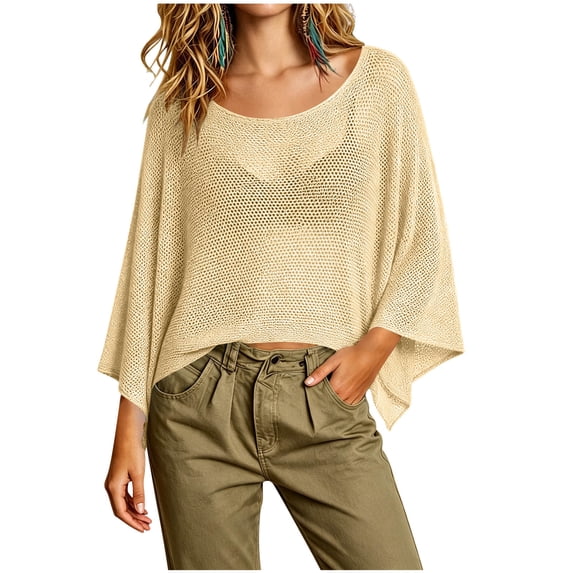 Loyisod Womens Summer Mesh Sheer Poncho Crop Tops Batwing Sleeve Oversized Beach Cover Up Sexy Lightweight Crochet Shrug Shawl