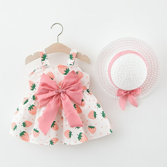 Loyisvidion Baby Girls Dress Toddler Baby Kids Girl Sleeveless Strap Dot Print Spring And Summer Hooded Bow Princes Round-Neck Cute Strawberry Dresses