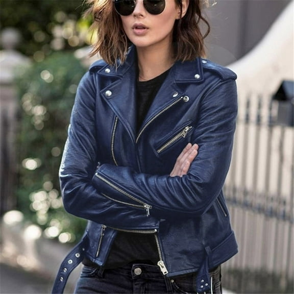 HWRETIE Coat Women Cool Faux Leather Jacket Long Sleeve Zipper Fitted Coat Fall Short Jacket Blue 6(M)