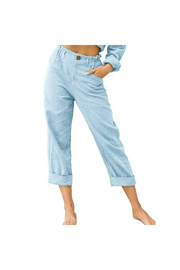 Loyisvidion Woman Pants Women Casual Pants,Solid Color Pockets Buttons Elastic Waist Comfortable Straight Pants Sky Blue 6(M)