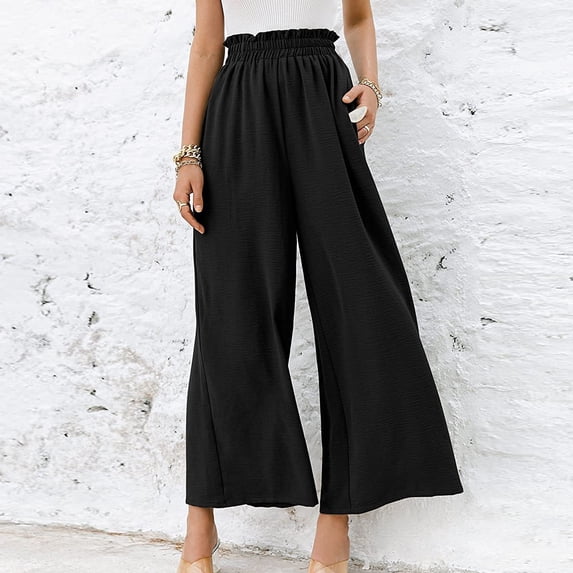 HWRETIE Women's Casual Linen Wide Leg Pants,Elastic Waist Drawstring Solid Color Lightweight Summer Trousers Work,Travel or Daily Wear