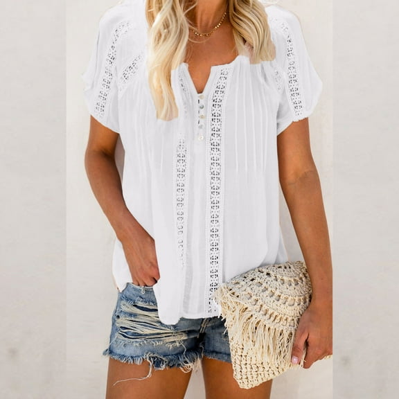 Loyisvidion Women Blouses Women Solid V-Neck Lace Crochet Eyelet Short Sleeve Casual Shirts Blouse Tops Special Offer White 10(Xl)
