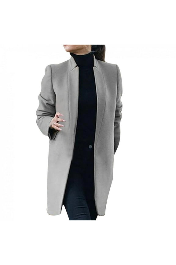 Loyisvidion Women Wool Coat Trench Jacket Ladies Warm Long Overcoat Outwear Gray 12(Xxl)