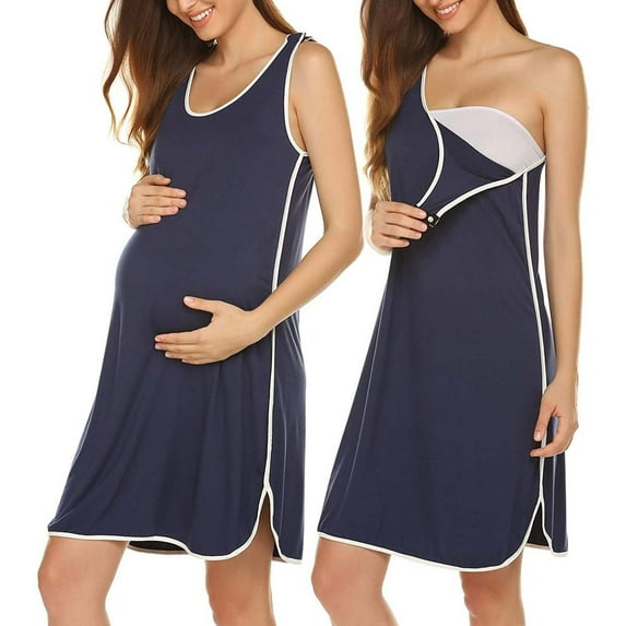 Loyisvidion Womens Maternity Dresses Women's Sleeveless Dress,Striped Nightgown Pregnancy Gown for Breastfeeding Navy S