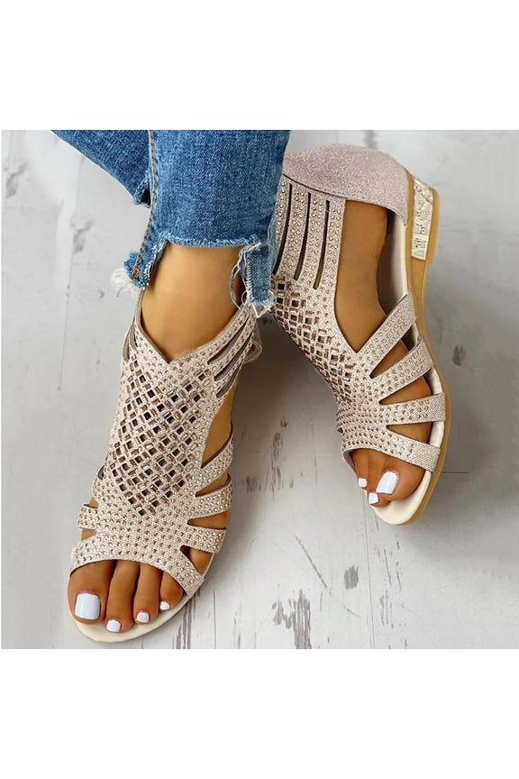 Loyisvidion Womens Sandals Rhinestone Hollow Back Zipper Round Toe Hollow Sandals,Roman Shoes,Women Beige 10