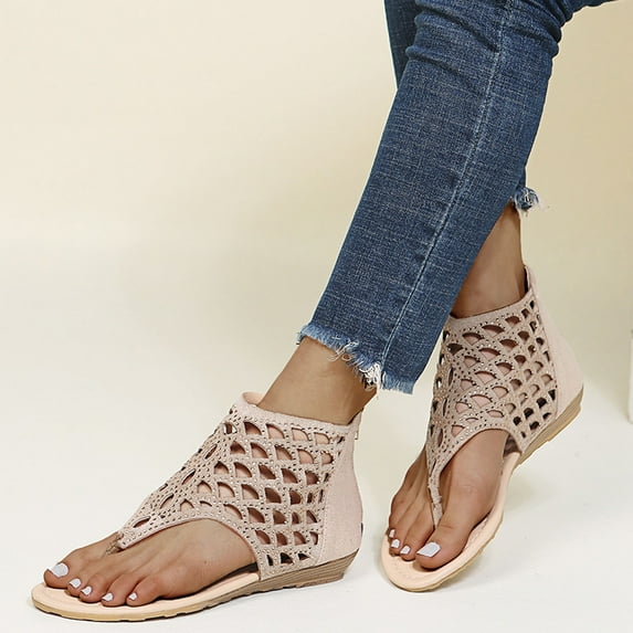 Loyisvidion Womens Sandals Women's Summer Rhinestone Hollow Zipper Beach Open Toe Breathable Sandals Shoes,Khaki 9