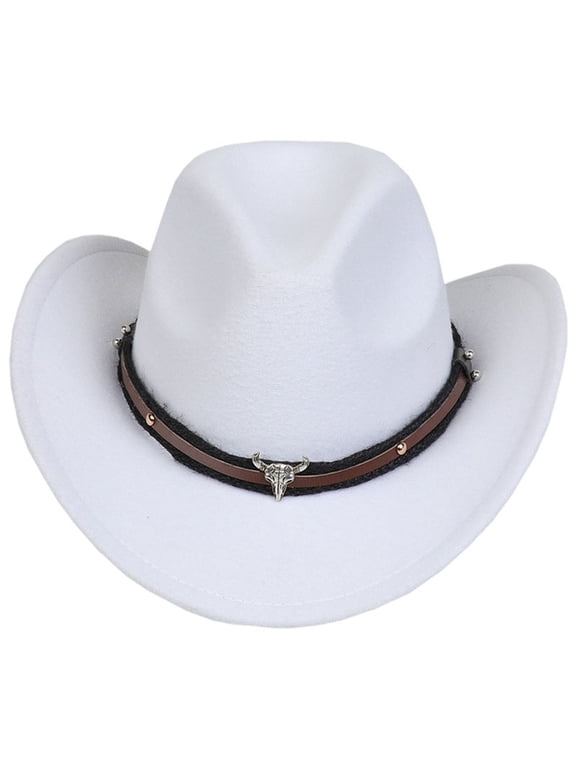 Kids Classic Cowboy Hat Wide Brim Felt Western Cowboy Hats with Bull Head Decor Band for Boys Girls 3-18 Years