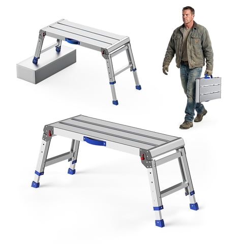 Loyoda Folding Work Platform, 800 lbs Load Capacity, Aluminum Drywall Stool Ladder, Heavy Duty Work Bench, Non-Slip Feet, Ideal for Washing Vehicles, Cleaning, Painting, Decorating