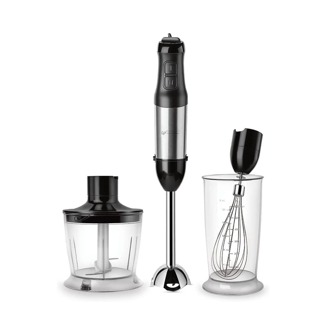 Lp Living Plus 4-in-1 Electric Hand Blender, Powerful 500W Stainless Steel Blender with Whisk, Chopper, Beaker, Easy to Clean, Advanced Noise Reduction