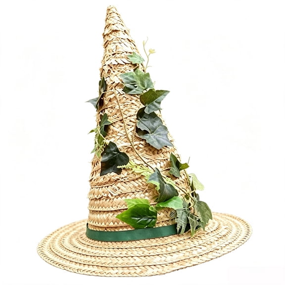 Lpmadey 18-Inch Handwoven Witch Hat with Ivy Vines, Natural Straw Wizard Hat, Forest Costume Accessory for Halloween, Renaissance Fairs & Cosplay