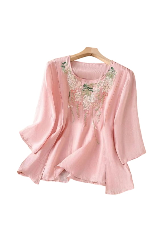 Boho Tops for Women Retro 3/4 Sleeve Embroidered Flowy Lightweight Cotton Linen Top Peasant Blouse