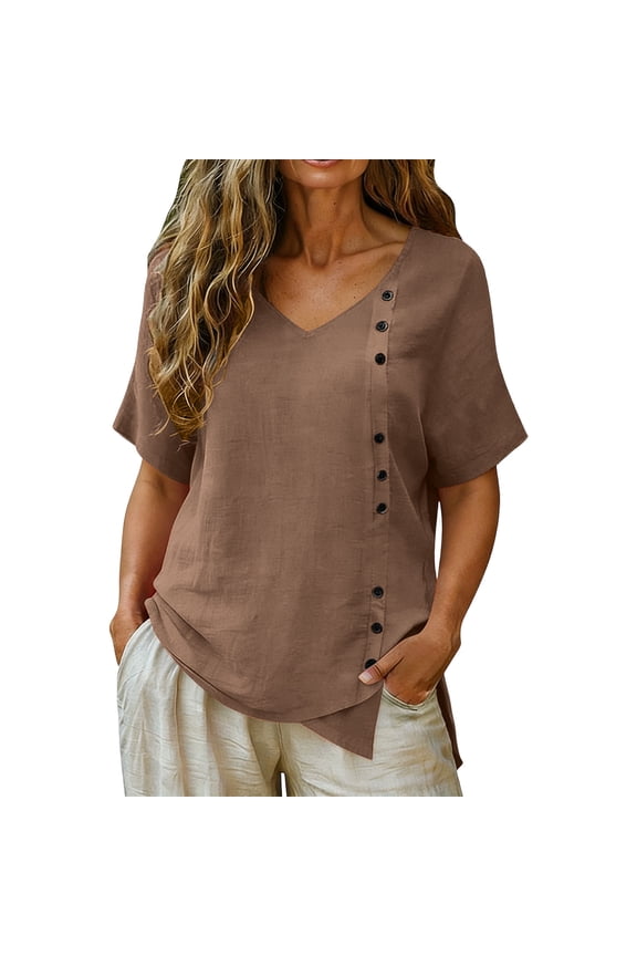 Cotton Tops for Women, Solid Color Casual V-Neck Blouse, Short Sleeve Asymmetrical Hem Shirt with Decorative Buttons