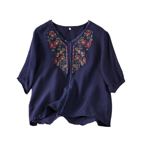 Lpmadey Floral Embroidered Tops for Women 3/4 Sleeve Boho Vacation Dressy Casual Shirts V Neck Tunic Tshirt