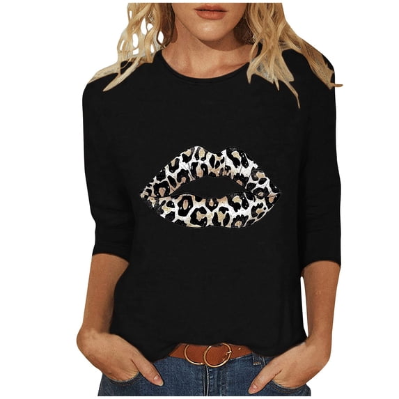 Lpmadey Leopard Print Tops for Women Y2k Funny Graphic 3/4 Sleeve Crewneck Summer T-Shirt Plus Size Tunic Tops