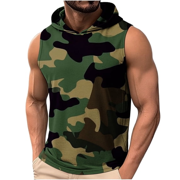 Lpmadey Men's Camo Hoodie Vest Sleeveless Workout Tank Top Outdoor Casual Athletic Gym Hiking Tops