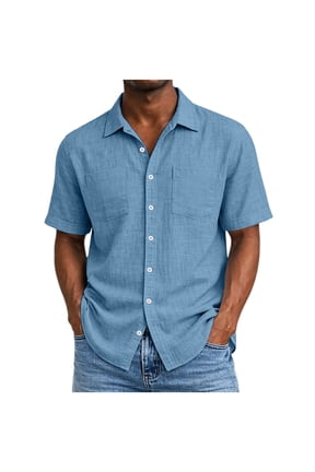 Men's Cotton Linen Button Down Shirt Short Sleeve Casual Vintage Collared Tops with 2 Chest Pockets