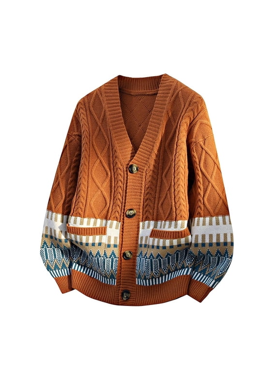 Men's Geometric Cable Knit Cardigan, Loose Fit Button-Up V-Neck Sweater Jacket for Fall Winter Casual Wear