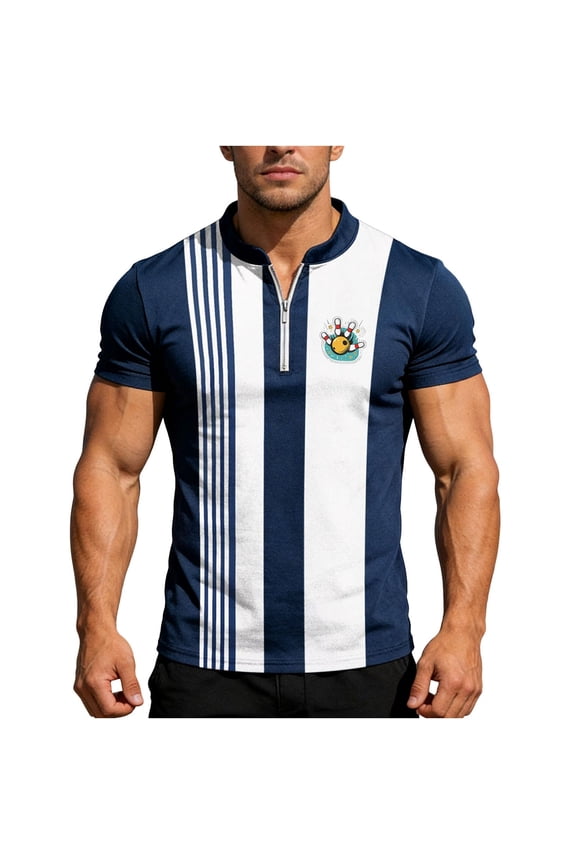 Men's Retro Bowling Polo Shirt Color Block Vertical Stripe Quarter Zip Stand Collar Pullover Casual Sport Streetwear Top