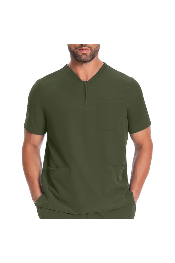 Men's Short Sleeve Workwear Scrub Top Quarter Zip Multi Pocket Work Clothes Nursing Uniform