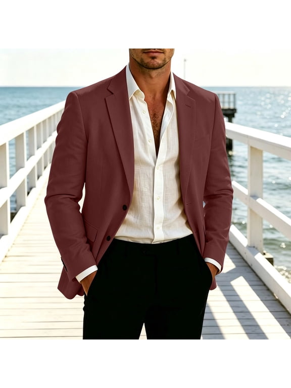 Men's Solid Color Blazer Two Button Lapel Collar Casual Suit Jacket with Decorative Pockets