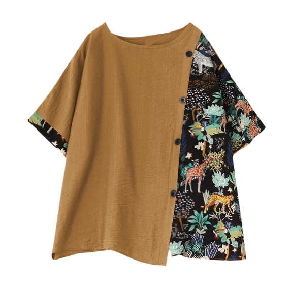 Lpmadey Plus Size Tops for Women Retro Chinese Asymmetrical Print Linen Cotton Blouses Loose Ethnic Style Patchwork Casual Tops