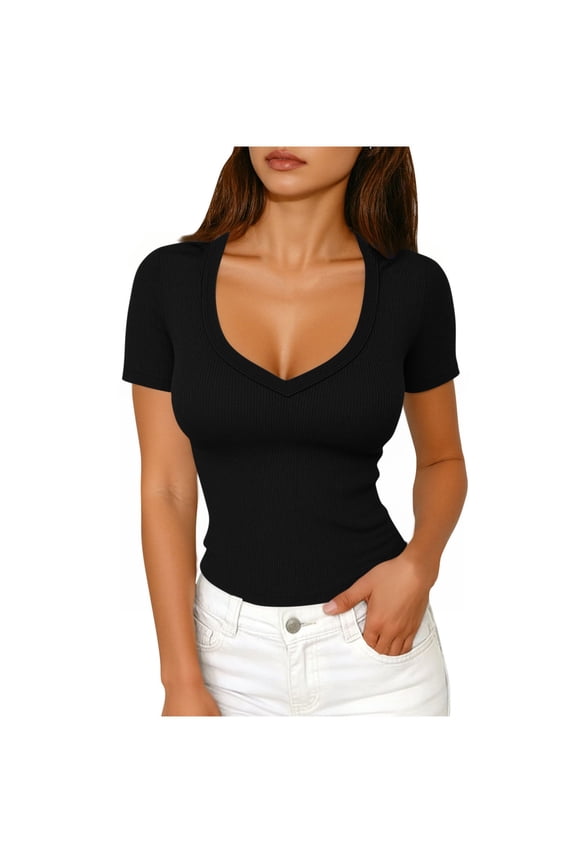 Short Sleeve Tops for Women V Neck Summer Ribbed Tshirts Solid Basic Casual Going Out Basic Tees