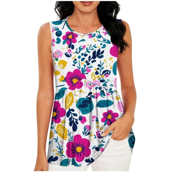 Lpmadey Tank Tops for Women Summer Sleeveless Tops Pleated Crewneck Floral Loose Fit Casual Flowy Boho Tunic Tops